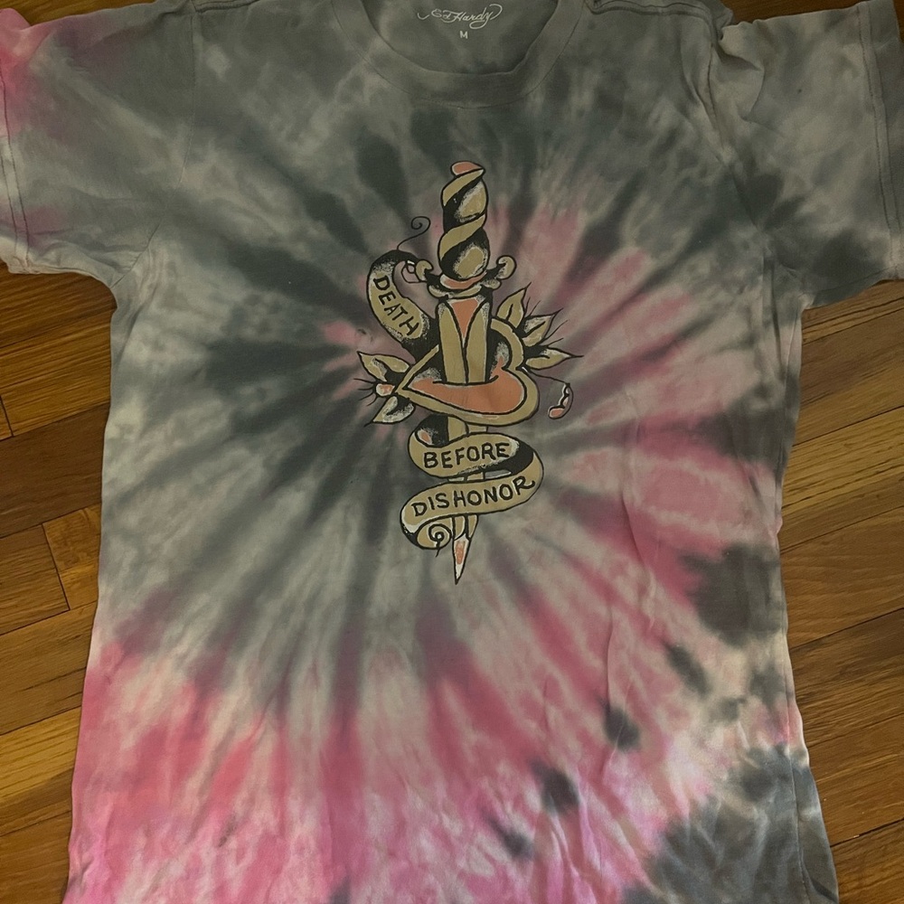 Ed Hardy Gray and Pink Tie-Dye Short Sleeve Tee